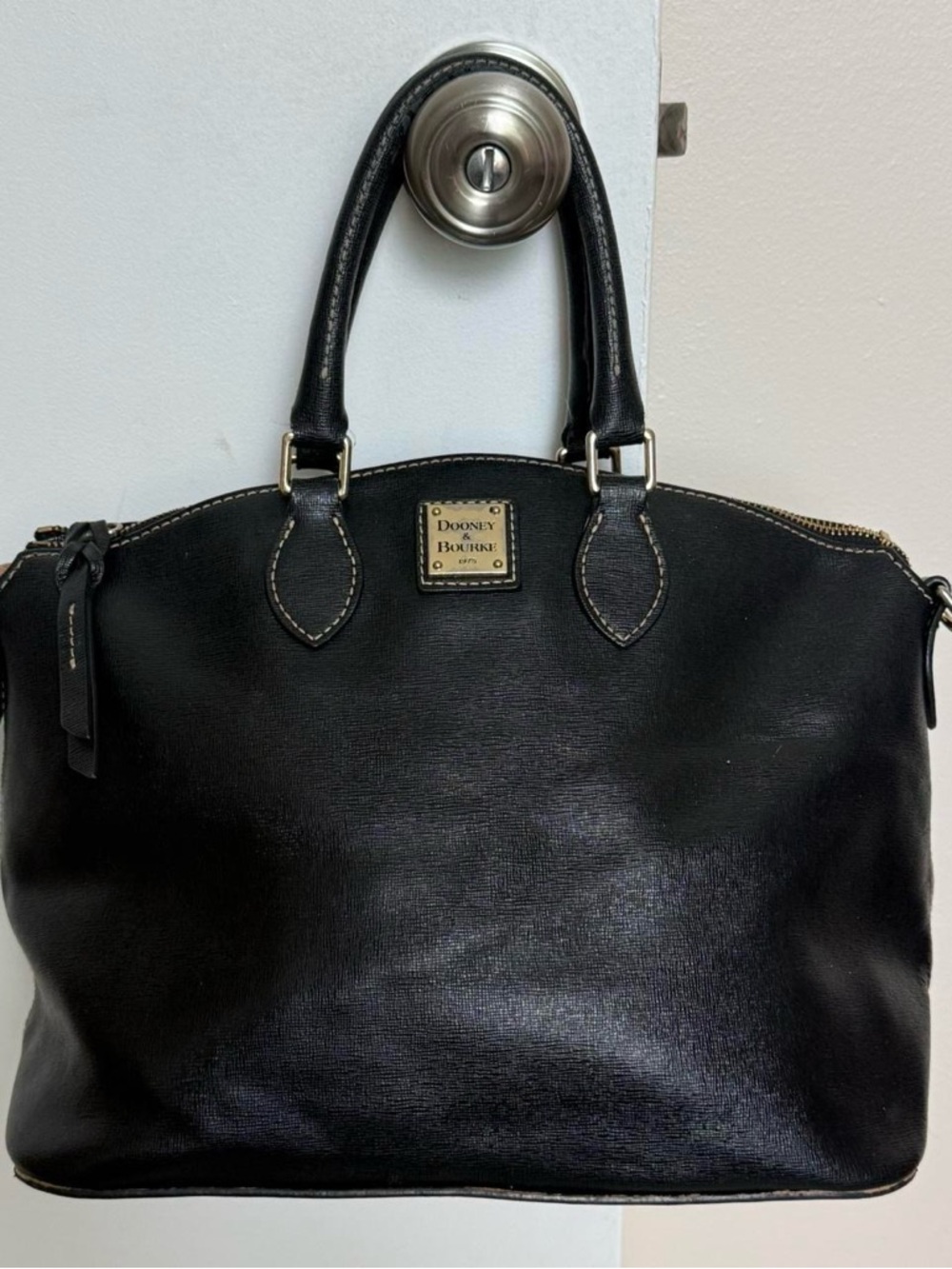 Dooney & Bourke Black Leather Dome Satchel with Gold Plaque